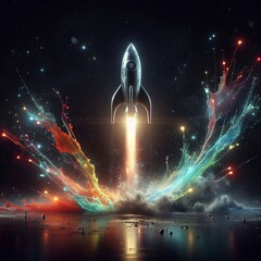 Rocket Launch into Space: A vibrant, conceptual depiction of a rocket ascending into the cosmos, accompanied by bursts of colorful light and celestial bodies.