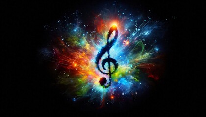 Musical Galaxy: A vibrant musical note surrounded by a galaxy of stars and colors, where music and cosmos merge in a captivating visual symphony. 