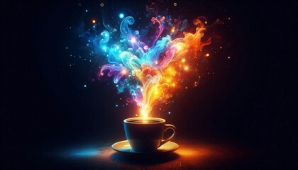 Magical Coffee Steam: A cup of coffee emits vibrant, colorful steam resembling magical energy, creating a mystical and enchanting scene.
