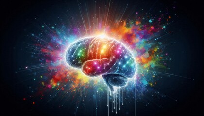 Mind's Kaleidoscope: A vibrant illustration showcases a human brain engulfed in a stunning array of colors and radiant bursts, symbolizing the boundless nature of thought, creativity.
