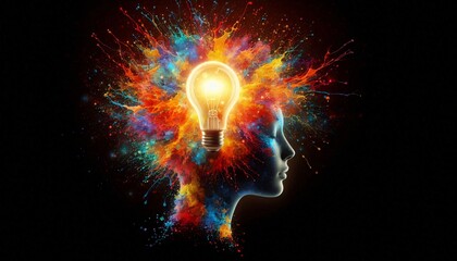 Illumination of Thought: An artistic representation of a person's head, illuminated by a bright lightbulb, surrounded by vibrant colors, symbolizing ideas. 