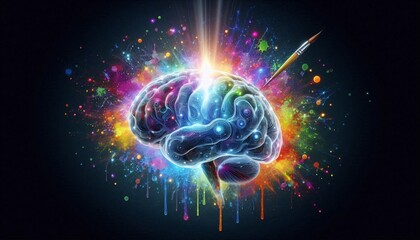 Creative Explosion: A vibrant, artistic representation of the brain, emanating beams of light and splashes of colorful paint, illustrating the power of ideas.