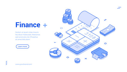 Modern isometric line banner illustrating various financial elements including a calculator, currency notes, and coins. It highlights a clear focus on finance.