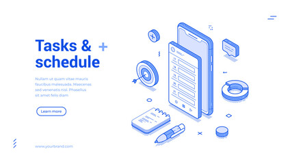 Naklejka na ściany i meble Tasks and scheduling through various icons such as a phone, notepad, and charts, showcasing a modern approach to organization and productivity. Isometric line banner template