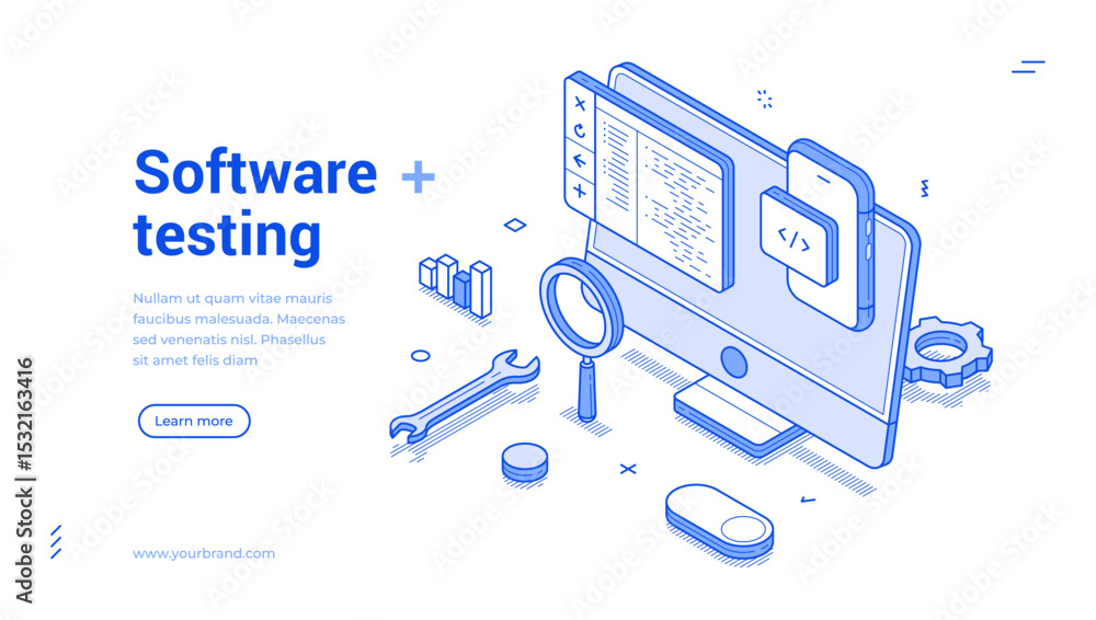Poster isometric line banner that highlights software testing tools including a computer screen, mobile dev
