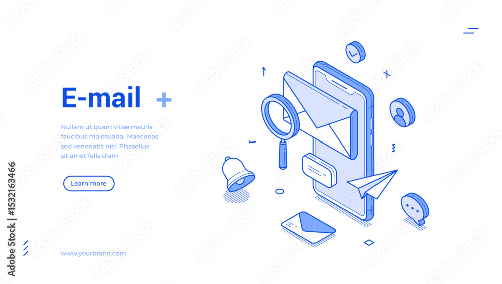 Poster graphic representation of email communication featuring an isometric design. elements include a phon