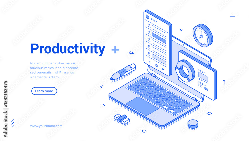 Wall mural isometric line banner elements focusing on productivity concepts. it highlights a laptop, clock, and