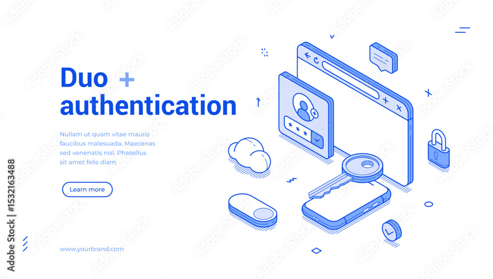 Poster modern isometric banner focused on dual authentication, featuring a user interface with icons for ve