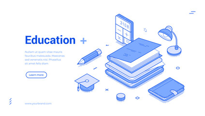 Isometric line banner features various education tools including books, a calculator, a lamp, and a graduation cap. It emphasizes the importance of learning and study resources.
