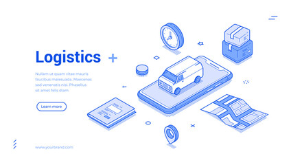 Modern isometric line illustration depicting logistics concepts. It includes a delivery van, smartphone, packages, and a clock, highlighting efficient supply chain management.