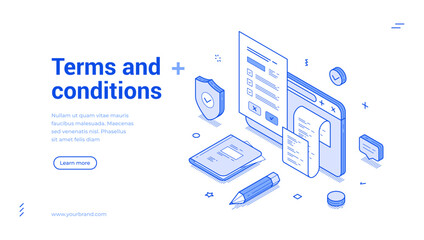 Isometric line banner presents vital terms and conditions in a clean and modern format. It features various icons and elements designed to enhance user understanding and experience.