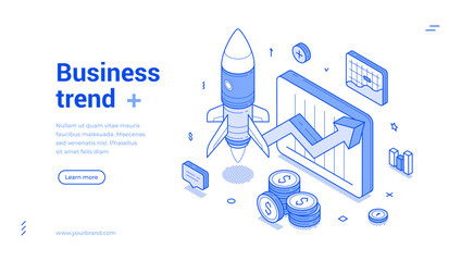 Isometric line banner illustrates a business trend with a rocket launching, charts, and currency symbols, representing growth and success in the modern business environment.
