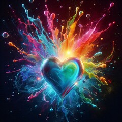 Heart's Explosion: A radiant, jewel-toned heart bursts forth with an explosion of vibrant colors, symbolizing passion and creative energy against a dark background.