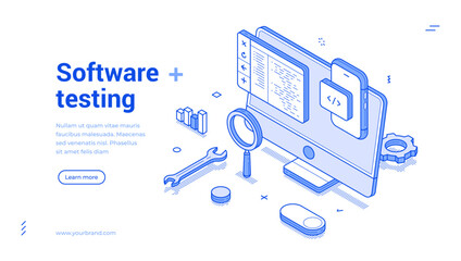 Isometric line banner that highlights software testing tools including a computer screen, mobile device, and various icons.