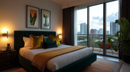 Modern and luxurious bedroom with a large window that offers a panoramic view of the city.