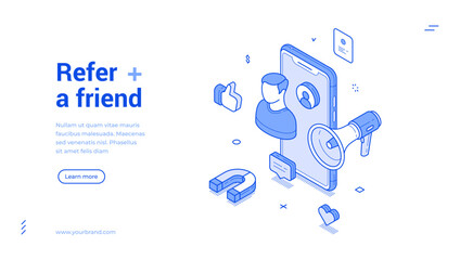 Banner features isometric elements focusing on friend referrals. A smartphone displays user profiles, promoting sharing and engagement through social connections and modern design.