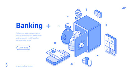 Isometric line banner showcases essential banking elements including a safe, cash, and financial tools. It highlights the simplicity and efficiency of modern banking solutions for users.