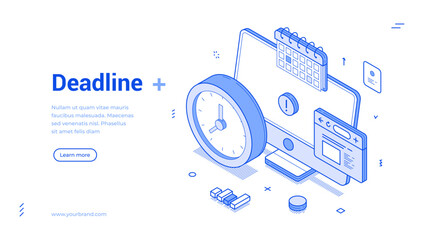Creative isometric line banner illustrating deadline management with a clock, calendar, and digital elements. Ideal for project planning or time management themes in a modern style.