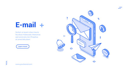 Graphic representation of email communication featuring an isometric design. Elements include a phone, envelopes, and icons that symbolize messaging and notifications, emphasizing digital interaction.