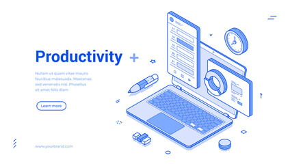 Isometric line banner elements focusing on productivity concepts. It highlights a laptop, clock, and various icons to represent organization and efficiency in work settings.