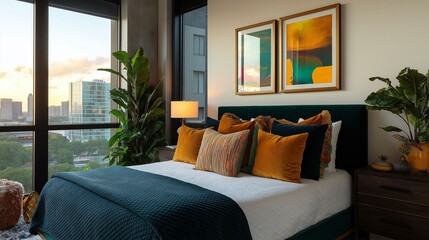 Modern and luxurious bedroom with a large window that offers a beautiful view of the city. the room has a large bed with a dark green headboard and a white comforter.