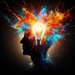 Brilliant Mind: An explosion of vibrant color bursts from a human silhouette's head, symbolizing a bright idea. A light bulb shines at the center of the explosion.