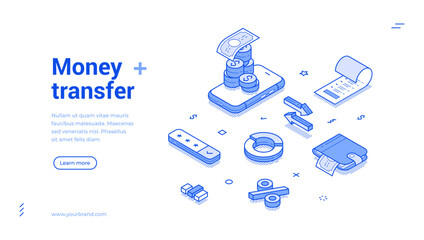 Isometric line banner illustrates the process of money transfer, featuring stacks of coins, a digital wallet, and transaction symbols. It showcases modern financial technology.