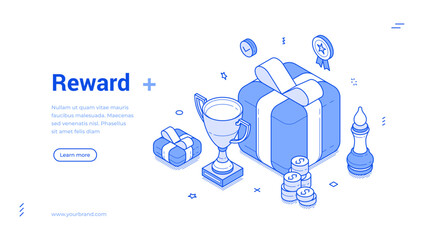 Isometric line banner showcases a vibrant design centered on rewards, featuring a trophy, gifts, and coins, perfect for promoting recognition and success in various events and activities.