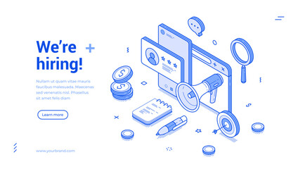 Hiring banner features a modern isometric design with various elements like a megaphone, user profiles, money, and notes. It's a visually appealing way to attract potential candidates.