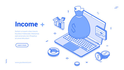 Isometric line banner highlights the concept of income, displaying a laptop surrounded by financial symbols, including a money bag, graphs, and coins, emphasizing financial growth and management.