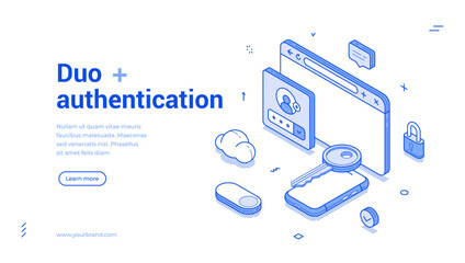 Modern isometric banner focused on dual authentication, featuring a user interface with icons for verification. It emphasizes security in online access.