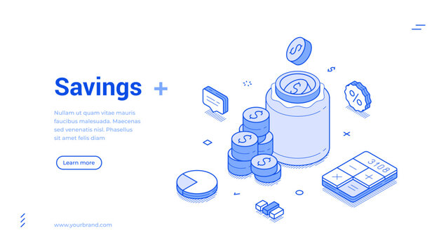 Isometric line illustration highlighting savings concepts, including a jar, coins, and a calculator. It effectively communicates financial planning and budgeting ideas.