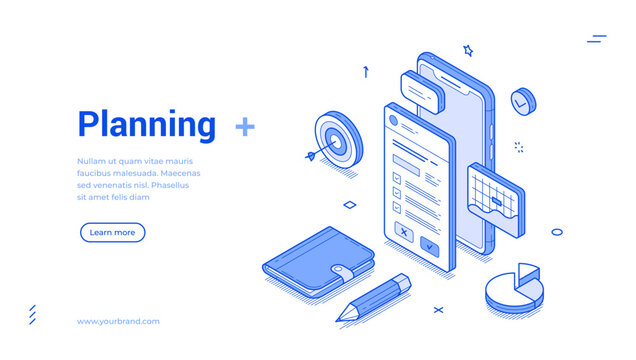 Isometric line illustration showcases various planning elements, including a smartphone, checklist, calendar, and other tools essential for effective organization and time management.