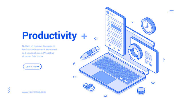 Isometric line banner elements focusing on productivity concepts. It highlights a laptop, clock, and various icons to represent organization and efficiency in work settings.