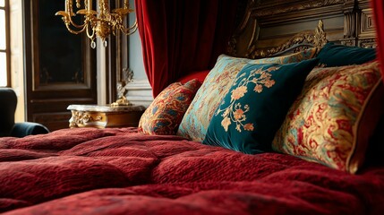 Luxurious bedroom with a large bed in the center. the bed has a red comforter and several colorful throw pillows with floral patterns in shades of blue, green, and gold.
