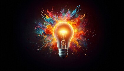 Illuminating Idea: A luminous light bulb explodes with a vibrant burst of colors against a stark background, symbolizing innovation, creativity, and the spark of a brilliant idea.