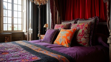 Luxurious bedroom with a large window on the left side. the window is covered with red curtains and has a chandelier hanging from the ceiling.