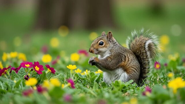Charming gray squirrel in a spring wildflower meadow enjoying peaceful moment in nature