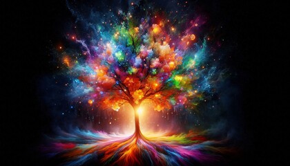 The Tree of Life: A vibrant, fantastical tree bursts with a kaleidoscope of colors, its branches reaching toward a starry, swirling sky, symbolizing growth, connection.