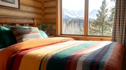 Bedroom with a large window that offers a beautiful view of the mountains. the window is made of wood and has a wooden frame.