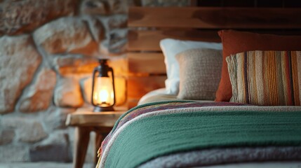 Cozy bedroom with a stone wall in the background. on the right side of the image, there is a bed with a wooden headboard and a green blanket on top of it.