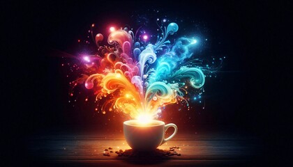 Brew of Brilliance: A photorealistic cup of coffee, radiating bursts of colorful energy, symbolizes inspiration and creativity, amidst a dark background, with coffee bean as the foreground element.