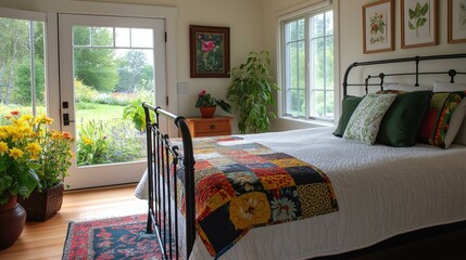 Bedroom with a large window on the right side of the room. the window has a view of a garden outside with trees and greenery.