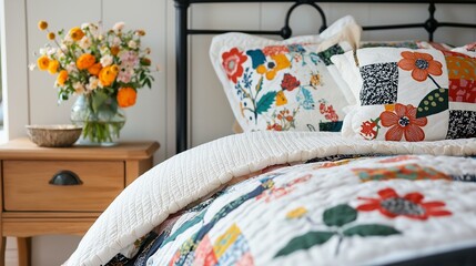 Bedroom with a bed in the center. the bed has a black metal headboard and a white comforter with colorful floral patterns.