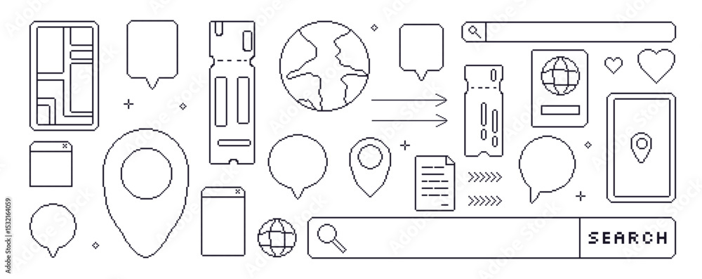 Poster travel elements pixel art stroke set. 8bit web tourism elements collection. retro location pin map, 