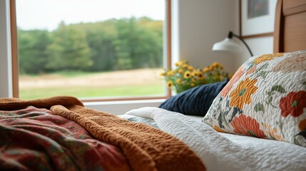 Bedroom with a large window that offers a beautiful view of a green field and trees. the window is open, allowing natural light to enter the room.