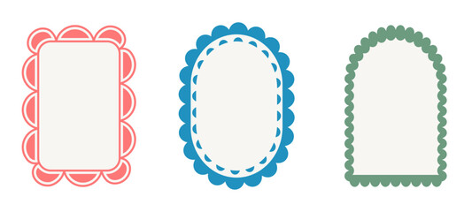 Retro funky arch and geometric frames. Set of fun vintage colors borders with scallop edges. Text boxes oval, rectangle arch templates. Vector illustration isolated on white background.