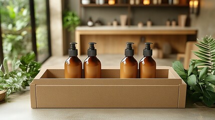 Four brown bottles with black pumps placed in a light - brown tray, surrounded by green plants, in an indoor setting with a simple shelf and items in the background, creating a natural and rustic pers