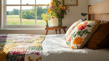 Bedroom with a large window that offers a beautiful view of the countryside. the window is open and lets in natural light, allowing natural light to enter the room.