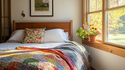 Bedroom with a large window on the right side. the window has a view of trees and greenery outside. on the left side of the window, there is a wooden ladder leaning against the wall.